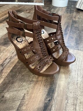 G by Guess Cognac Brown Braided Cutout Wedge Sandals